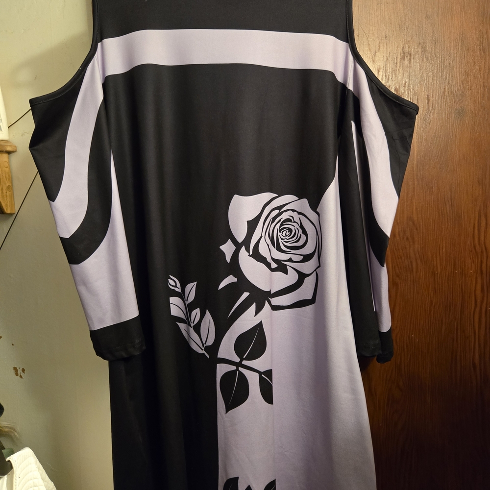 Cold-Shoulder Black and Light Lavender Rose-Print Long Sleeve Dress